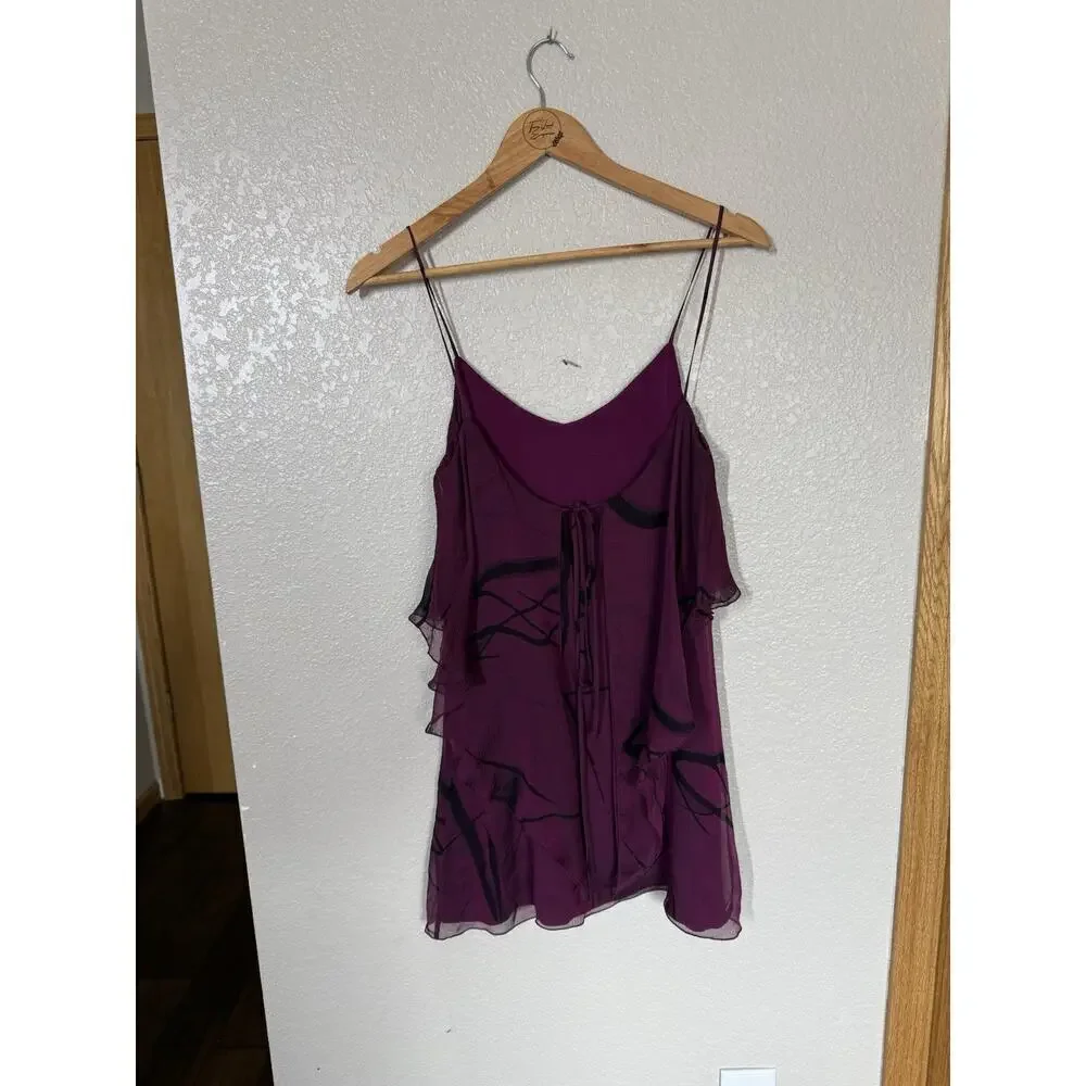 Alice + Olivia Crepe Silk Tunic Tank Top XS Ruffled Wine